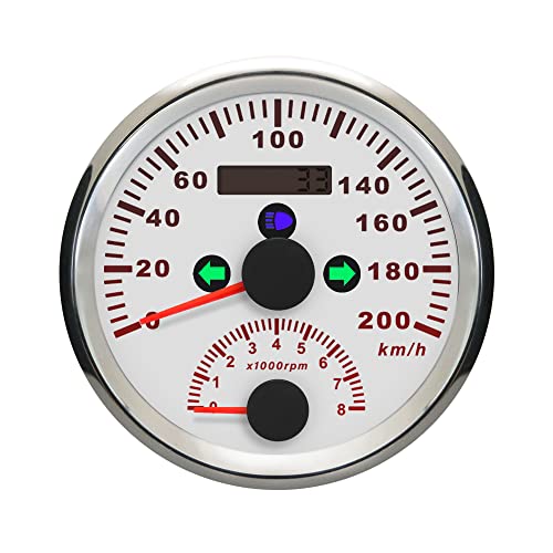 ELING Auto Marine 85 mm GPS-Tachometer 0–200 km/h mit Tachometer 0–8000 U/min, rote Hintergrundbeleuchtung, 12 V mit GPS-Antenne, wasserdicht (weiß und edelstahl) von ELING