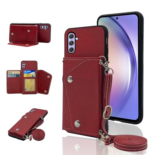 ELISORLI Schutzhülle für Samsung Galaxy A34 5G, Brieftaschen-Schutzhülle mit Schultergurt und Ständer, Leder, Kreditkartenfächer, Handy-Klapphülle, Zubehör, A 34 34A, für Mädchen, Damen, Herren, Rot ELISORLI Schutzhülle für Samsung Galaxy A34 5G, Brieftaschen-Schutzhülle mit Schultergurt und Ständer, Leder, Kreditkartenfächer, Handy-Klapphülle, Zubehör, A 34 34A, für Mädchen, Damen, Herren, Rot von ELISORLI