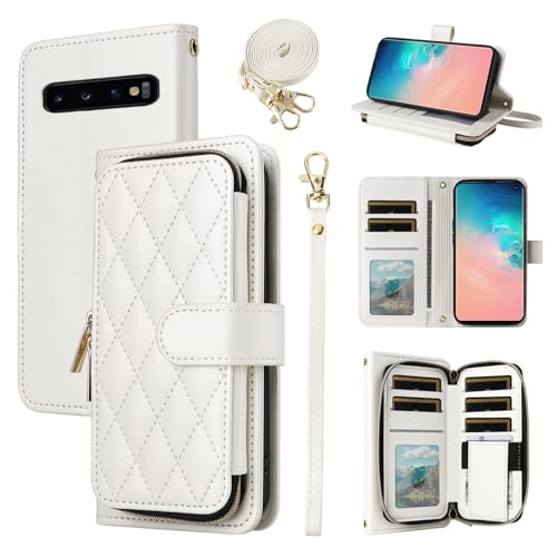 ELISORLI Schutzhülle für Samsung Galaxy S10 mit Handschlaufe, Schultergurt, 9 Kartenfächer, Reißverschluss, luxuriöses PU-Leder, Ständer, Handyhülle für S 10 Edge 10S GS10 X10, Damen, Weiß ELISORLI Schutzhülle für Samsung Galaxy S10 mit Handschlaufe, Schultergurt, 9 Kartenfächer, Reißverschluss, luxuriöses PU-Leder, Ständer, Handyhülle für S 10 Edge 10S GS10 X10, Damen, Weiß von ELISORLI