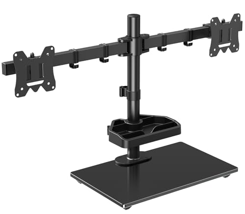 ELIVED Dual-Monitorständer für Schreibtisch mit gehärtetem Glasboden und Ablageschale für die meisten 13-27 Zoll Monitore mit VESA 75/100 mm bis zu 8 kg, höhenverstellbare Monitorhalterung EV2014 von ELIVED