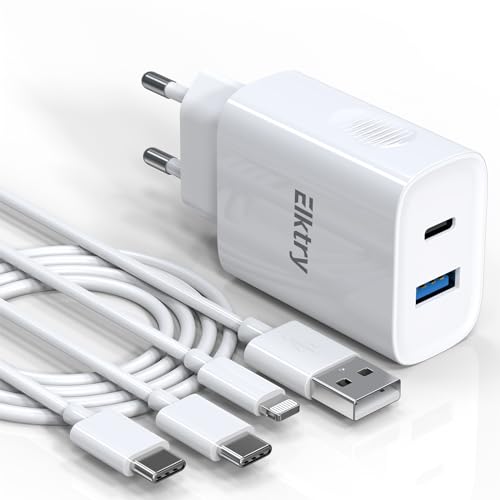 ELKTRY iPhone Schnellladegerät, 20W Ladegerät mit 2m USB C auf USB C Kabel und USB A to Lightning Kable, MFi Zertifiziert 2 Port Adapter kompatibel mit iPhone 15 14 13 12 11 Pro Max Mini Plus X iPad ELKTRY iPhone Schnellladegerät, 20W Ladegerät mit 2m USB C auf USB C Kabel und USB A to Lightning Kable, MFi Zertifiziert 2 Port Adapter kompatibel mit iPhone 15 14 13 12 11 Pro Max Mini Plus X iPad von ELKTRY