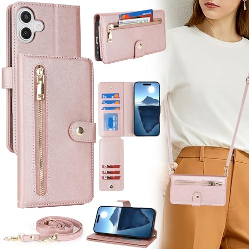 ELTEKER Handyhülle für iPhone 16 Hülle mit Band,Handykette iPhone 16 Klapphülle mit Kartenfach,Schutzhülle Handytasche Leder Hülle für iPhone 16 - roségold ELTEKER Handyhülle für iPhone 16 Hülle mit Band,Handykette iPhone 16 Klapphülle mit Kartenfach,Schutzhülle Handytasche Leder Hülle für iPhone 16 - roségold von ELTEKER