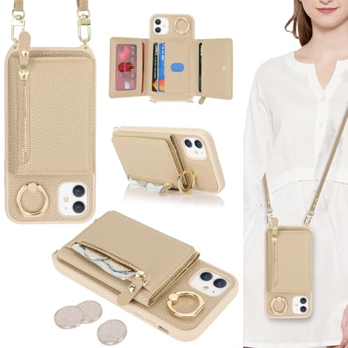ELTEKER Handyhülle für iPhone 11 Hülle mit Band Kartenfach Handykette Ringhalterung Geldbörse,Leder Klapphülle Umhängetasche Handytasche für iPhone 11 - beige von ELTEKER