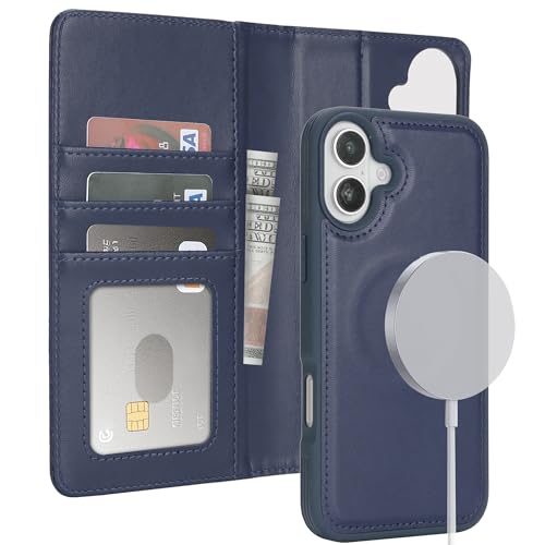 ELTEKER Handyhülle für iPhone 16 Plus Hülle,[Abnehmbare Magnetische] [Kabelloses Laden Kompatibel] Klapphülle mit Kartenfach Leder Hülle für iPhone 16 Plus - blau von ELTEKER