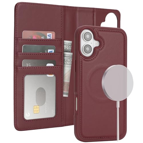 ELTEKER Handyhülle für iPhone 16 Plus Hülle,[Abnehmbare Magnetische] [Kabelloses Laden Kompatibel] Klapphülle mit Kartenfach Leder Hülle für iPhone 16 Plus - weinrot von ELTEKER