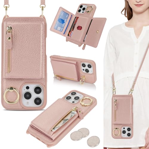 ELTEKER Handyhülle für iPhone 16 Pro Max Hülle mit Band Kartenfach Handykette Ringhalterung Geldbörse,Leder Klapphülle Umhängetasche Handytasche für iPhone 16 Pro Max - roségold von ELTEKER