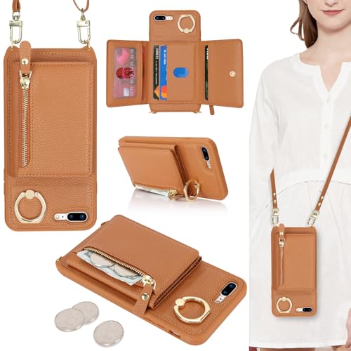 ELTEKER Handyhülle für iPhone 7 Plus/8 Plus Hülle mit Band Kartenfach Handykette Geldbörse,Leder Klapphülle Handytasche für iPhone 7 Plus/8 Plus - braun von ELTEKER