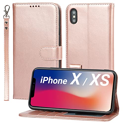 ELTEKER Handyhülle für iPhone X, iPhone XS Hülle, [3 Kartenfächer] [Leder] [Magnet Verschluss] Klapphülle schutzhülle Ledertasche Hülle für iPhone X/XS, Roségold von ELTEKER