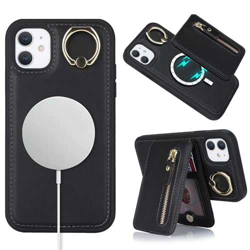 ELTEKER Handyhülle iPhone 11 Hülle mit Kartenfach Magnetischer Wallet Kartenhalter, Leder Klapphülle mit Ring Ständer Schutz Hülle für iPhone 11- Schwarz von ELTEKER