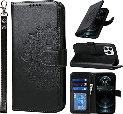 ELTEKER Handyhülle iPhone 12, iPhone 12 Pro Hülle, [3 Kartenfächer] [Magnet Verschluss] Leder Eleganter Prägung Schutzhülle Ledertasche Klapphülle Hülle für iPhone 12/12 Pro, Schwarz von ELTEKER