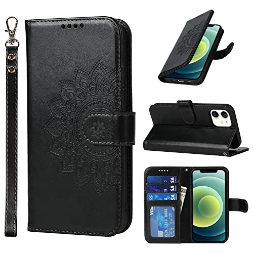 ELTEKER Handyhülle iPhone 12 Mini, Hülle für iPhone 12 Mini, [3 Kartenfächer] [Magnet Verschluss] Leder Eleganter Prägung Schutzhülle Klapphülle Handyhülle für iPhone 12 Mini, Schwarz von ELTEKER