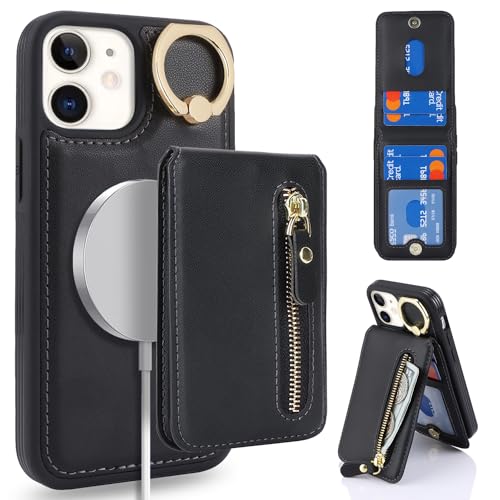 ELTEKER Handyhülle iPhone 12 Mini Hülle mit Kartenfach Magnetischer Wallet Kartenhalter, Leder Klapphülle mit Ring Ständer Schutz Hülle für iPhone 12 Mini- Schwarz von ELTEKER