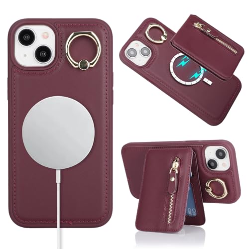 ELTEKER Handyhülle iPhone 13 Hülle iPhone 14 mit Kartenfach Magnetischer Wallet Kartenhalter, Leder Klapphülle mit Ring Ständer Schutz Hülle für iPhone 13/14- Weinrot von ELTEKER