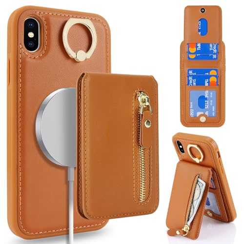 ELTEKER Handyhülle iPhone XS MAX Hülle mit Kartenfach Magnetischer Wallet Kartenhalter, Leder Klapphülle mit Ring Ständer Schutz Hülle für iPhone XS MAX- Braun von ELTEKER