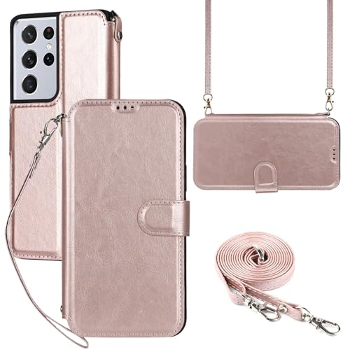 ELTEKER Hülle Samsung Galaxy S21 Ultra Klapphülle,Handyhülle Galaxy S21 Ultra Handykette mit Umhängeband und Kartenfach,RFID Blocker Handytasche Leder Hülle für Galaxy S21 Ultra,Rosa von ELTEKER