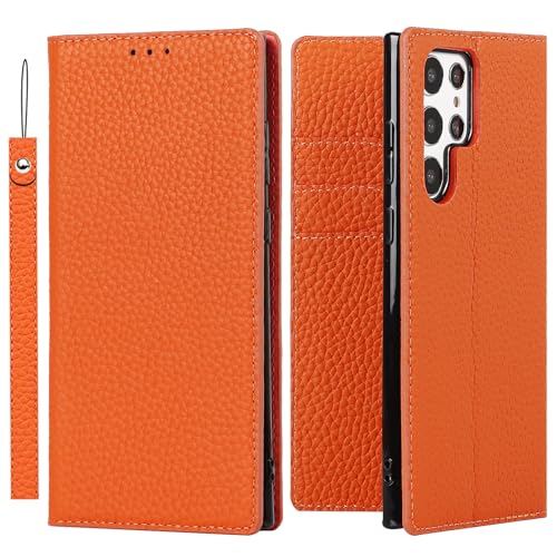 ELTEKER Hülle Samsung Galaxy S22 Ultra Handyhülle [Echtes Leder] Galaxy S22 Ultra Klapphülle mit Kartenfach,Schutzhülle Leder Hülle für Galaxy S22 Ultra 5G-Orange von ELTEKER