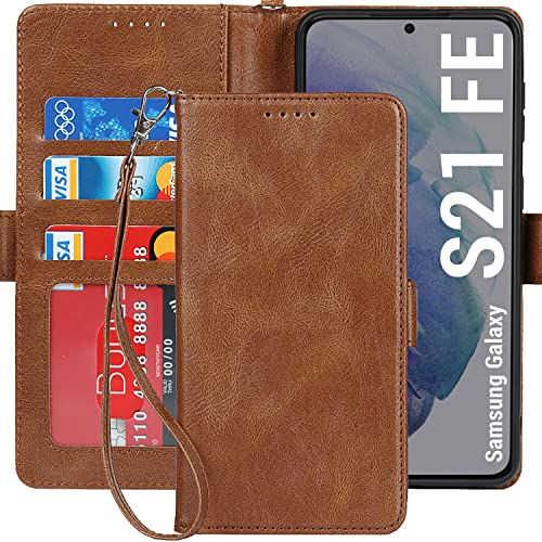 ELTEKER Hülle für Samsung Galaxy S21 FE 5G, Galaxy S21 FE Klapphülle, [3 Kartenfächer] [Magnet Verschluss] schutzhülle Ledertasche Hülle für Samsung Galaxy S21 FE 5G, Braun von ELTEKER