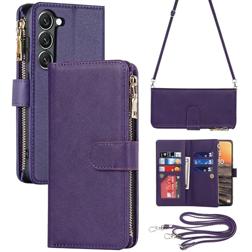ELTEKER Hülle für Samsung Galaxy S23 Handyhülle Klapphülle mit Umhängeband Verstellbarer Halskette [9 Kartenfächer], Handytasche Leder Hülle für Samsung Galaxy S23,lila von ELTEKER