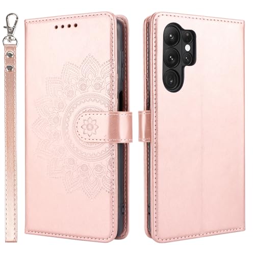 ELTEKER Handyhülle für Samsung Galaxy S23 Ultra Hülle, Klapphülle Lederhülle mit Kartenfäch Handytasche Schutzhülle für Samsung Galaxy S23 Ultra, Roségold von ELTEKER