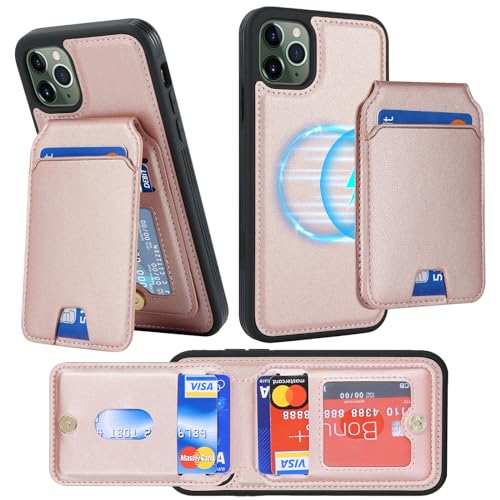 ELTEKER Hülle für iPhone 11 Pro Handyhülle mit Kartenfach Magsafe Wallet Magnetischer Kartenhalter Handy kreditkartenetui mit Ständer,Leder Klapphülle Schutzhülle für iPhone 11 Pro-Roségold von ELTEKER