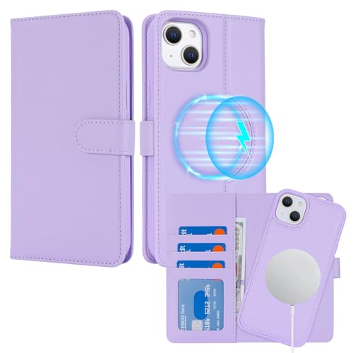 ELTEKER Hülle für iPhone 13/14,[Abnehmbare Magnetische] [Kabelloses Laden] Handyhülle iPhone 13/14 Klapphülle mit Kartenfach,Schutzhülle Leder Hülle für iPhone 13/14-lila von ELTEKER