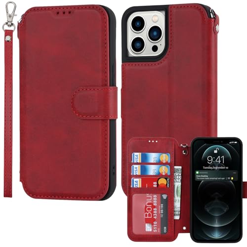 ELTEKER Hülle für iPhone 13 Pro Max Klapphülle,Handyhülle iPhone 13 Pro Max mit Kartenfach mit Ständer,Perfekt Schutz Handytasche Leder Hülle für iPhone 13 Pro Max,Rot von ELTEKER