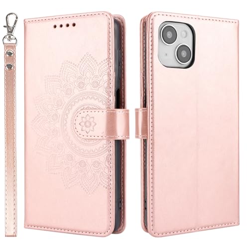 ELTEKER Handyhülle iPhone 14 Plus Hülle Premium PU Lederhülle Schutzhülle mit Kartenfäch Standfunktion Elegante Prägung Klapphülle für iPhone 14 Plus Roségold von ELTEKER