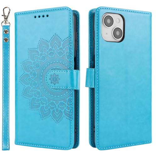 ELTEKER Handyhülle iPhone 14 Plus Hülle Premium PU Lederhülle Schutzhülle mit Kartenfäch Standfunktion Elegante Prägung Klapphülle für iPhone 14 Plus Blau von ELTEKER