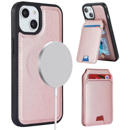 ELTEKER Hülle für iPhone 14 Plus Handyhülle mit Kartenfach Magsafe Wallet Magnetischer Kartenhalter Handy kreditkartenetui mit Ständer,Leder Klapphülle Schutzhülle für iPhone 14 Plus-Roségold von ELTEKER