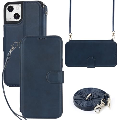 ELTEKER Hülle für iPhone 14 Plus Klapphülle,Handyhülle iPhone 14 Plus Handykette mit Umhängeband und Kartenfach,Perfekt Schutz Case mit Ständer RFID Blocker Tasche Leder Hülle für iPhone 14 Plus,Blau von ELTEKER