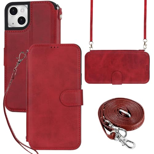 ELTEKER Hülle für iPhone 14 Plus Klapphülle,Handyhülle iPhone 14 Plus Handykette mit Umhängeband und Kartenfach,Perfekt Schutz Case mit Ständer RFID Blocker Tasche Leder Hülle für iPhone 14 Plus,Rot von ELTEKER