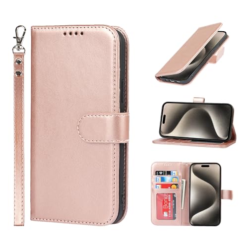 ELTEKER Handyhülle für iPhone 15 Pro Max Hülle, Klapphülle mit Kartenfäch und Standfunktion Lederhülle Schutzhülle für iPhone 15 Pro Max, Roségold von ELTEKER