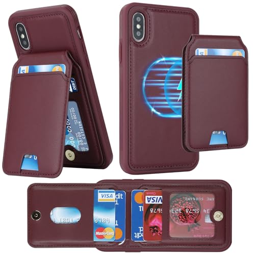 ELTEKER Hülle für iPhone X/XS Handyhülle mit Kartenfach Magsafe Wallet Magnetischer Kartenhalter kreditkartenetui mit Ständer,Leder Klapphülle Schutzhülle für iPhone X/XS- Weinrot von ELTEKER