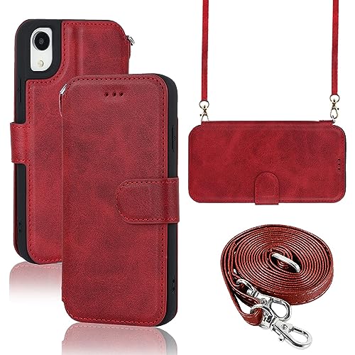 ELTEKER Hülle für iPhone X Klapphülle iPhone XS,Handyhülle iPhone X/XS Handykette mit Kartenfach Umhängeband Lanyard,Standfunktion RFID Blocker Tasche Leder Hülle für iPhone X/XS, Rot von ELTEKER