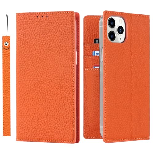 ELTEKER Hülle iPhone 12 Pro Max Handyhülle [Echtes Leder] Klapphülle mit Kartenfach,Schutzhülle Leder Hülle für iPhone 12 Pro Max-Orange von ELTEKER