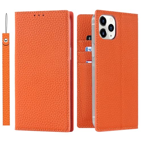 ELTEKER Hülle iPhone 12 Pro Max Handyhülle [Echtes Leder] Klapphülle iPhone 12 Pro Max mit Kartenfach,Schutzhülle Leder Hülle für iPhone 12 Pro Max-Orange von ELTEKER