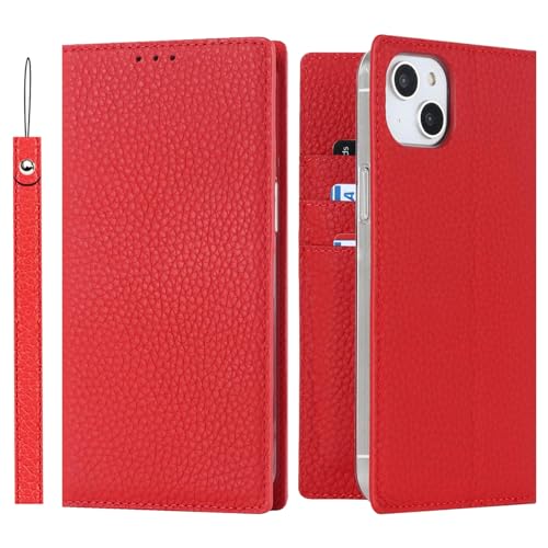 ELTEKER Hülle iPhone 13 Pro Handyhülle [Echtes Leder] Klapphülle mit Kartenfach,Schutzhülle Leder Hülle für iPhone 13 Pro-Rot von ELTEKER