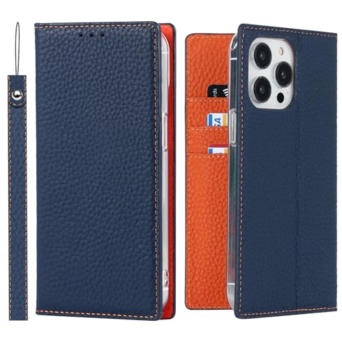 ELTEKER Hülle iPhone 14 Pro Max Handyhülle [Echtes Leder] Klapphülle mit Kartenfach,Schutzhülle Leder Hülle für iPhone 14 Pro Max-Blau von ELTEKER