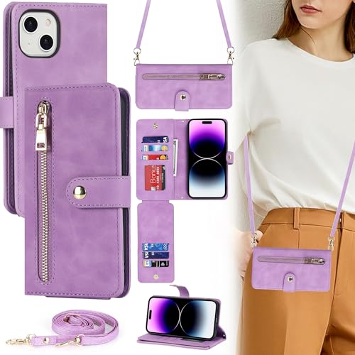 ELTEKER Handyhülle iPhone 15 Hülle mit Band,Handykette iPhone 15 Klapphülle mit Kartenfach,Schutzhülle Handytasche Leder Hülle für iPhone 15 - Hellviolett von ELTEKER