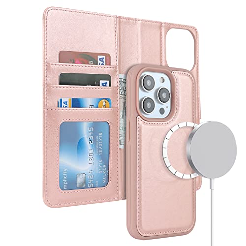 ELTEKER Hülle iPhone 15 Pro Max,[Abnehmbare Magnetische] [Kabelloses Laden] Handyhülle iPhone 15 Pro Max Klapphülle mit Kartenfach,Leder Hülle für iPhone 15 Pro Max-Roségold von ELTEKER