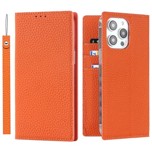 ELTEKER Hülle iPhone 15 Pro Max Handyhülle [Echtes Leder] Klapphülle mit Kartenfach,Schutzhülle Leder Hülle für iPhone 15 Pro Max-Orange von ELTEKER