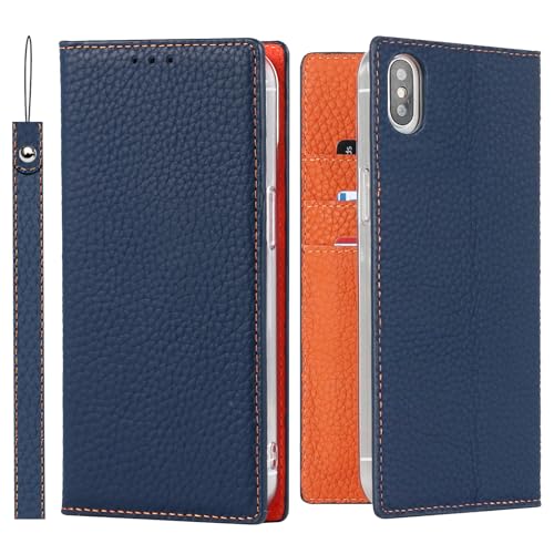 ELTEKER Hülle iPhone X/XS Handyhülle [Echtes Leder] Klapphülle mit Kartenfach,Schutzhülle Leder Hülle für iPhone X/iPhone XS-Blau von ELTEKER
