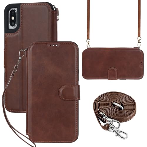 ELTEKER Hülle iPhone XS Max Klapphülle,Handyhülle iPhone XS Max Handykette mit Umhängeband und Kartenfach,Perfekt Schutz Case mit Ständer RFID Blocker Leder Hülle für iPhone XS Max,Braun von ELTEKER