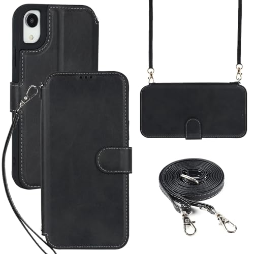 Elteker Hülle für iPhone XR Klapphülle,Handyhülle iPhone XR Handykette mit Umhängeband Lanyard und Kartenfach,Perfekt Schutz Case mit Ständer RFID Blocker Handytasche Leder Hülle für iPhone XR,Schwarz von ELTEKER