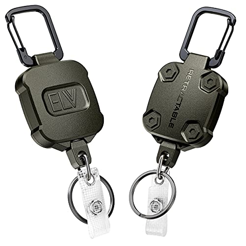 ELV Selbsteinziehbarer Ausweishalter, Schlüsselrolle, strapazierfähig, 81.3 cm Kordel, einziehbarer Schlüsselanhänger, für bis zu 15 Schlüssel und Werkzeuge (Armeegrün) 2 Stück von ELV