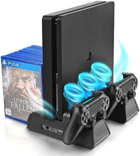 ELYCO UELYCO Vertikaler Ständer für PS4/PS4 Slim/PS4 Pro – Lüfter mit PS4 Ladegerät Controller Ladestation mit Spielspeicherung (schwarz) von ELYCO