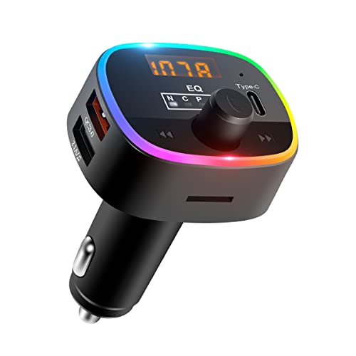 ELZO Bluetooth FM Transmitter für Auto, 5.0 Bluetooth Auto Adapter mit 7 Farben LED Licht & QC3.0 Schnellladung, Freisprecheinrichtung Autoradio Bluetooth Sender Unterstützung MP3 Player, Schwarz von ELZO