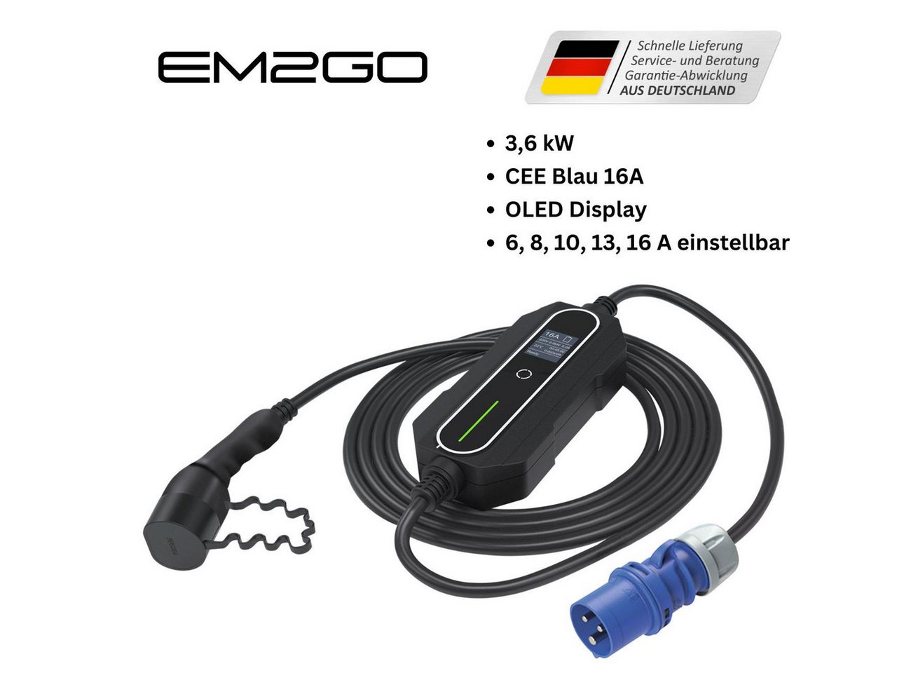 EM2GO Take AC Portable EV Lader 3.6 Kw,CEE Blau 5m Typ 2 Kabel Autoladekabel, IP66 Spritzwassergeschützt von EM2GO