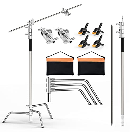 EMART C Ständer aus Edelstahl mit Boom Arm, 330 cm Verstellbare Fotografie Lichtständer mit 107 cm Haltearm, 2 Griffköpfe für Reflektor, Softbox, Monolight, Regenschirm von EMART