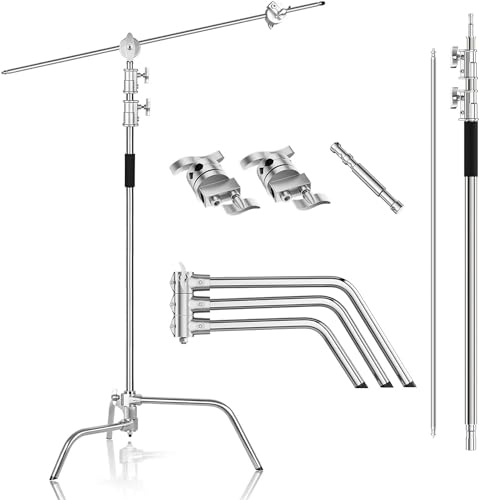 EMART C Stand mit Boom Arm, 300 cm Verstellbares Edelstahl-Beleuchtungsstativ mit 128 cm Haltearm, Kugelgelenk und Verstellbarem Bein für Reflektor, Softbox, Monolight, Regenschirm von EMART